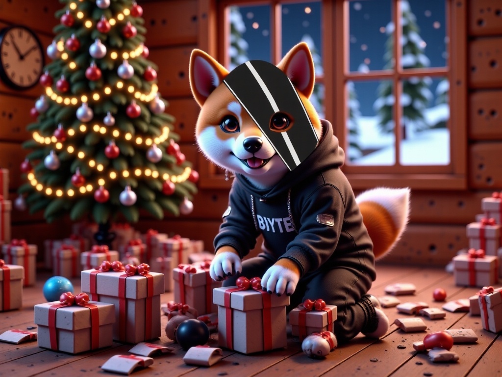 Byte in a cabin unwrapping a gift next to a Christmas tree