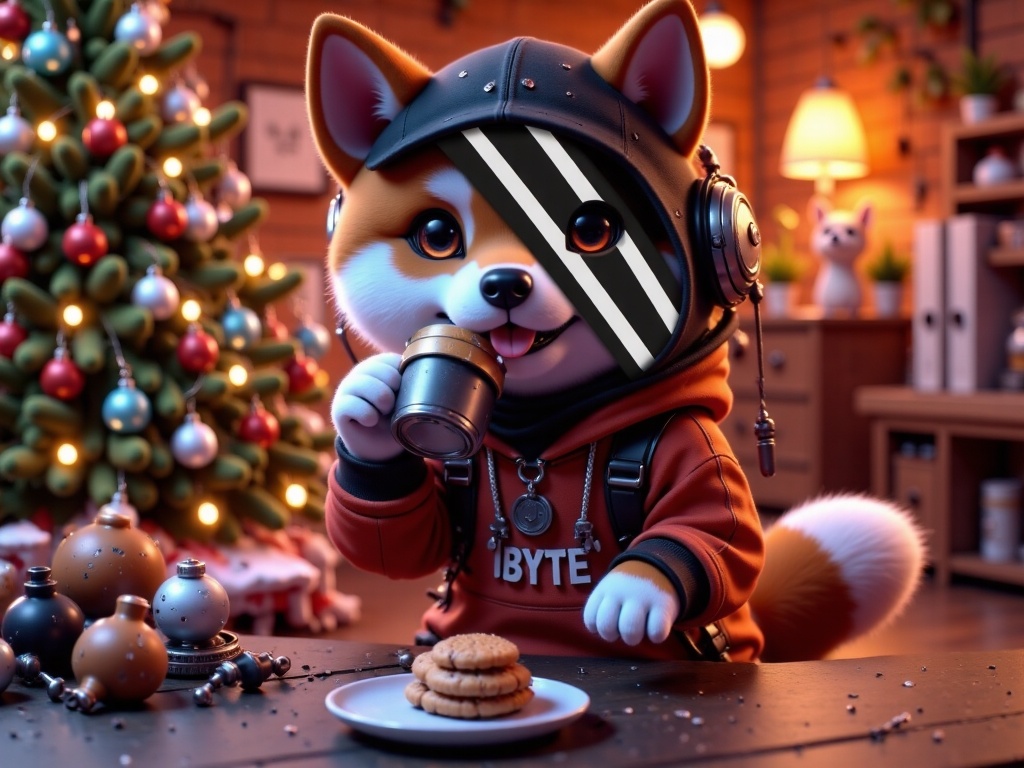 Byte in a cabin wearing a Christmas sweater drinking hot chocolate next to a Christmas tree