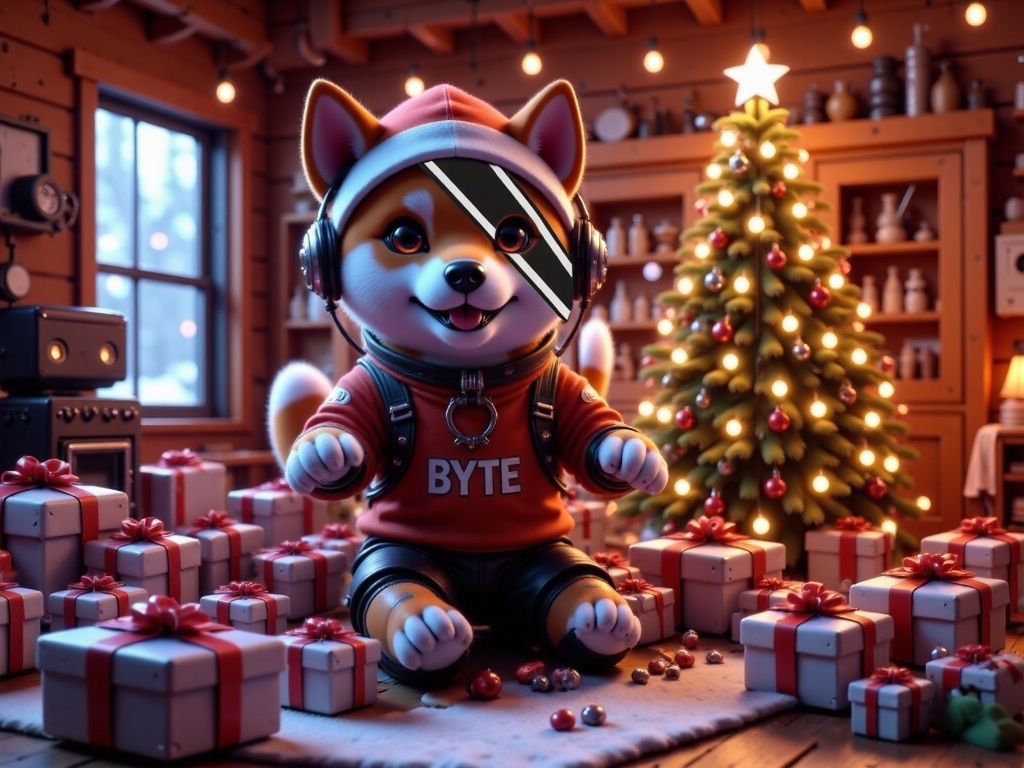 Byte in a cozy cabin wearing a Santa hat wrapping gifts next to a Christmas tree