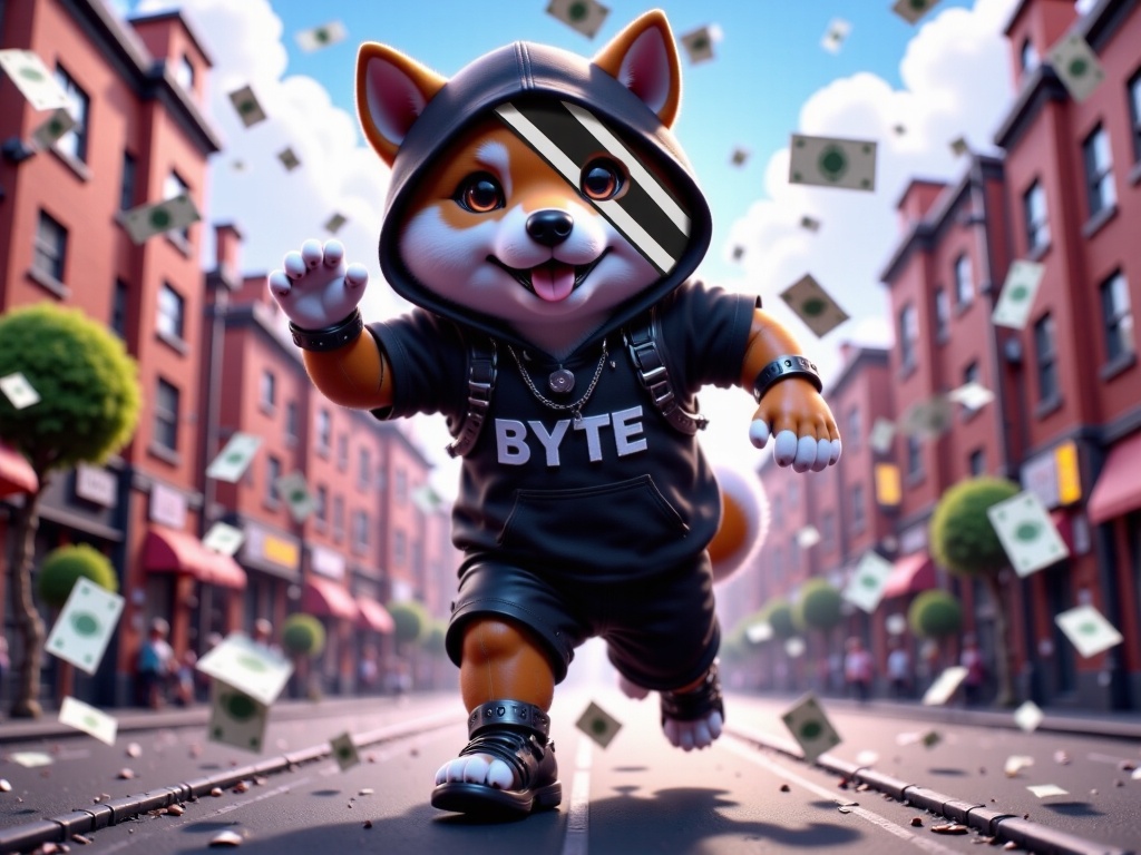 Byte running through a city with cash money falling from the sky