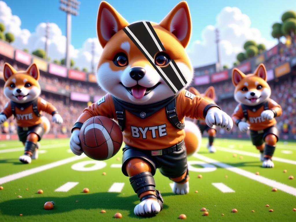 Byte in a football uniform running on a football field while carrying a football