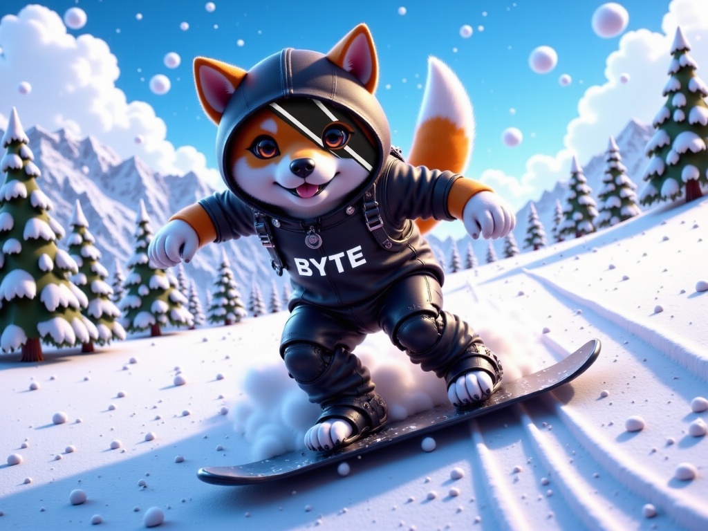 Byte snowboarding down a snowy mountain with snow falling from the sky