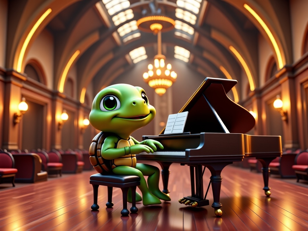 playing a piano in a grand hall